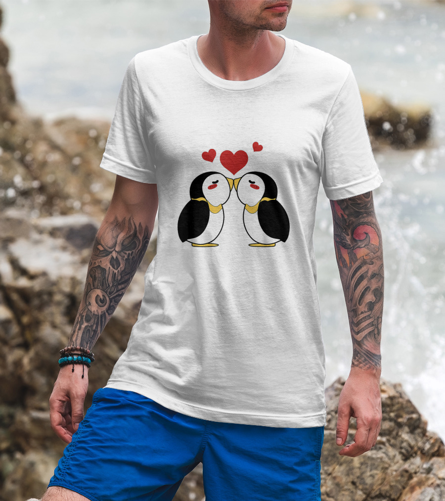 Cute Penguin Lovers Kissing With Hearts Above T-Shirt