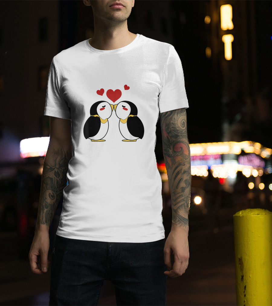 Cute Penguin Lovers Kissing With Hearts Above T-Shirt