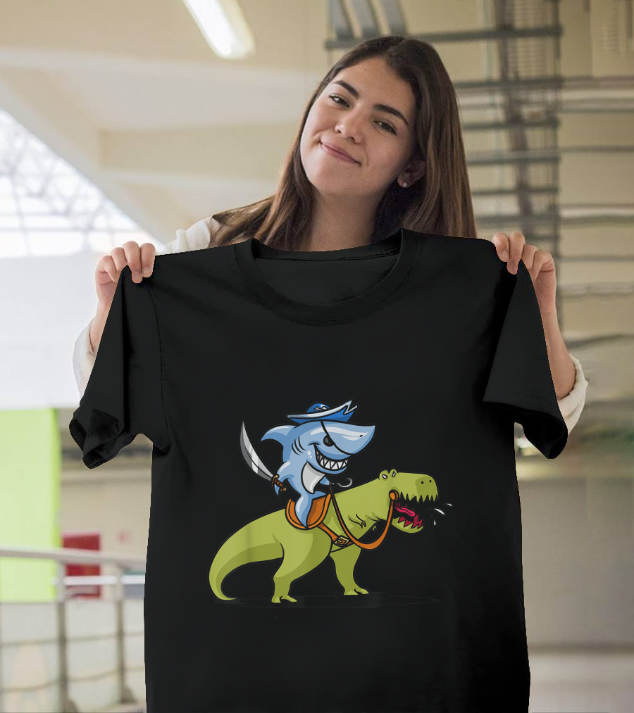 Shark Pirate Riding T-Rex Dinosaur Adventure T-Shirt