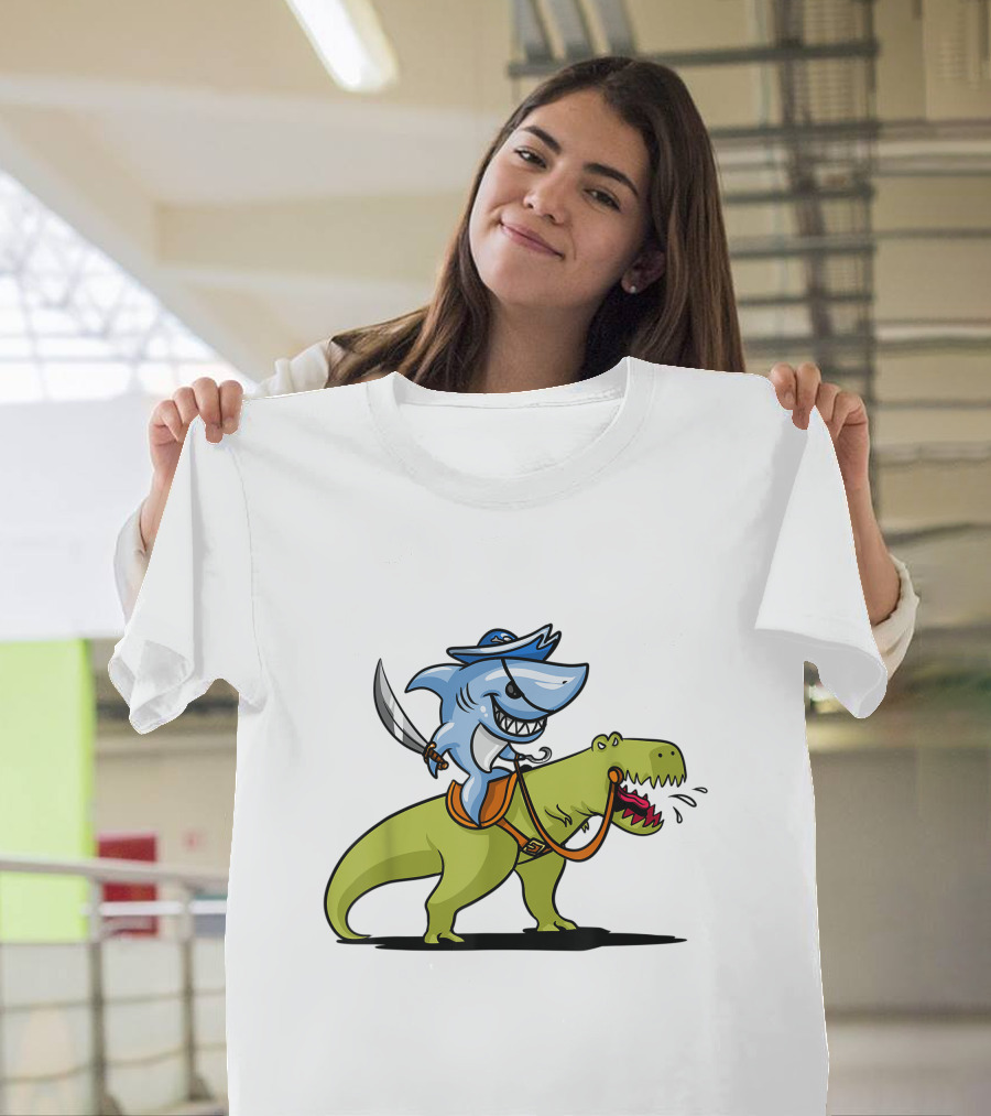 Shark Pirate Riding T-Rex Dinosaur Adventure T-Shirt
