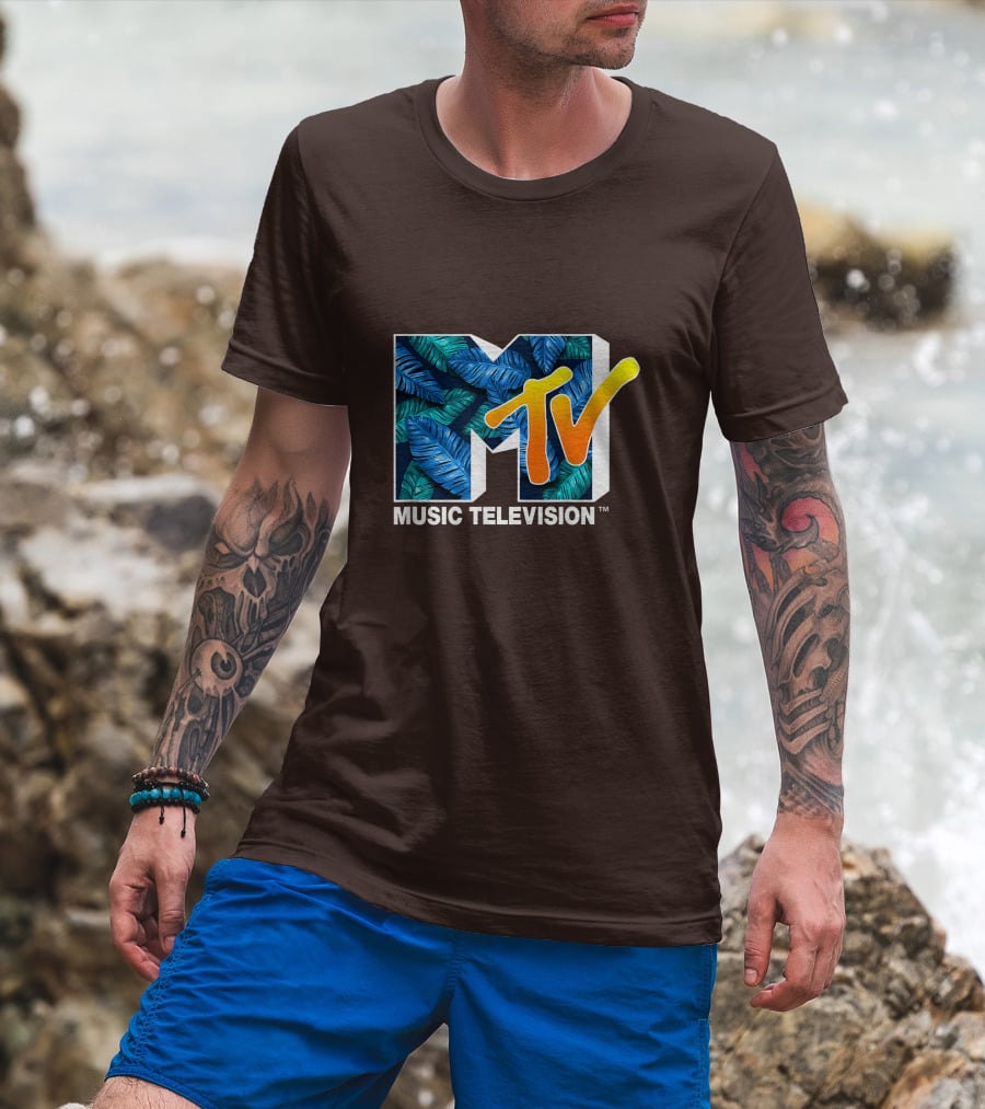 MTV Music Television Blue Green Tropical Leaf Fill T-Shirt