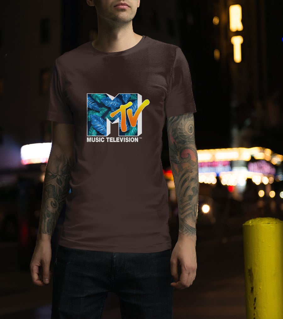 MTV Music Television Blue Green Tropical Leaf Fill T-Shirt