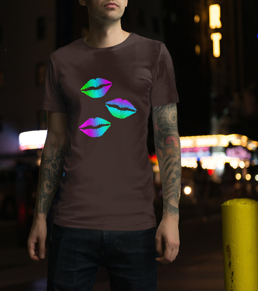 Funky Bright Neon Colours 80s Lipstick Rainbow Kiss Prints T-Shirt