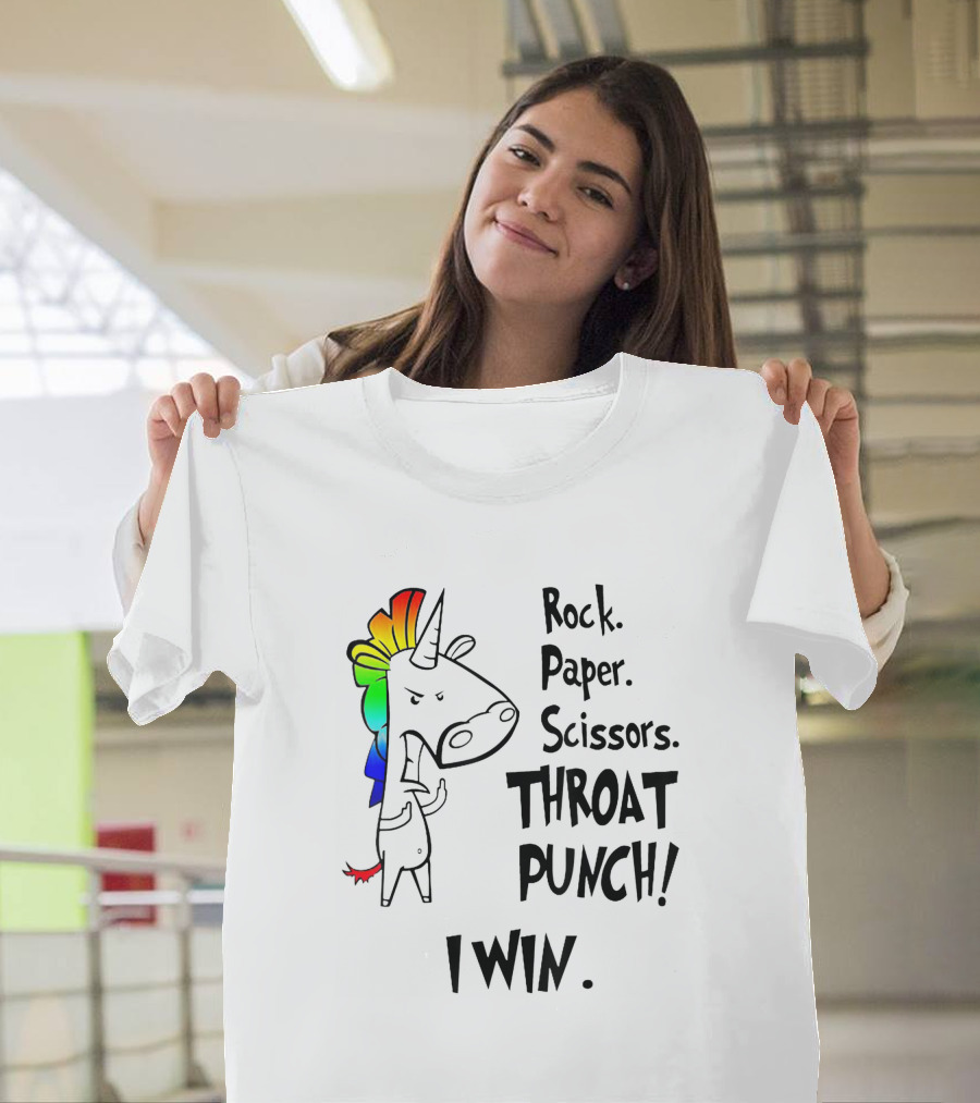 Rock Paper Scissors Throat Punch I Win Angry Unicorn Rainbow Mane T-Shirt