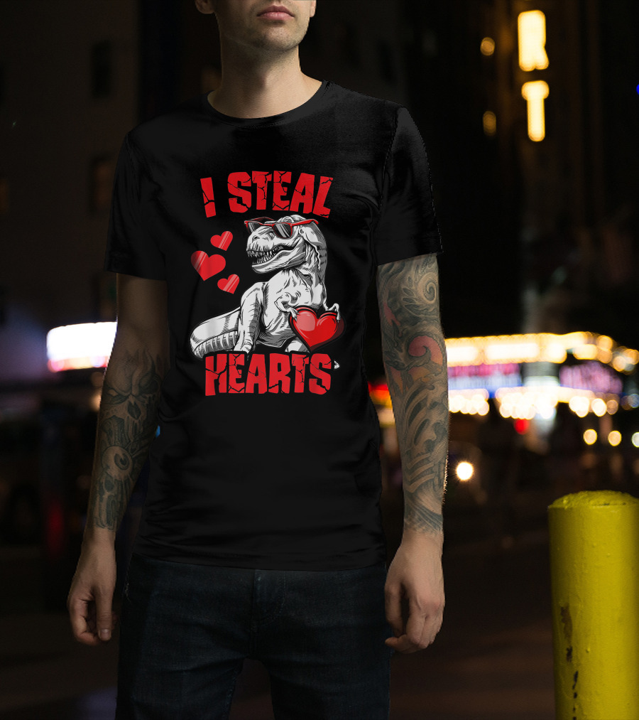 Valentines Day Kids Dinosaur T-Rex Lover I Steal Hearts T-Shirt