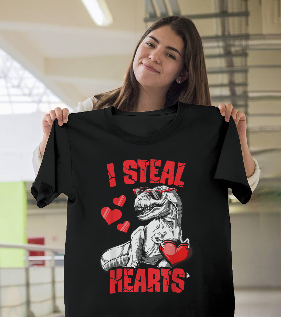 Valentines Day Kids Dinosaur T-Rex Lover I Steal Hearts T-Shirt