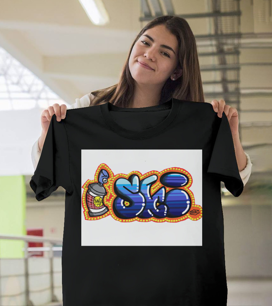 Blue Ski Graffiti Style Bubbles with Spray Can T-Shirt