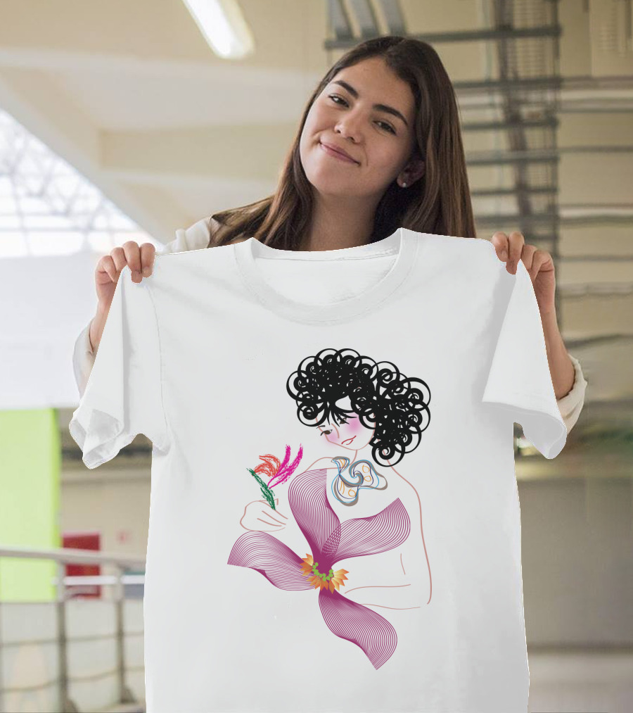 A Bird in the Hand with Flower and Abstract Curly-Tailed T-Shirt
