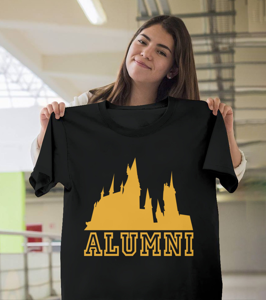 Hogwarts Castle Alumni Graphic in Bold Yellow Letters T-Shirt