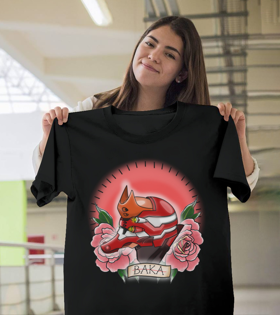 Baka Evangelion Mecha Floral Design with Red and Pink Roses T-Shirt