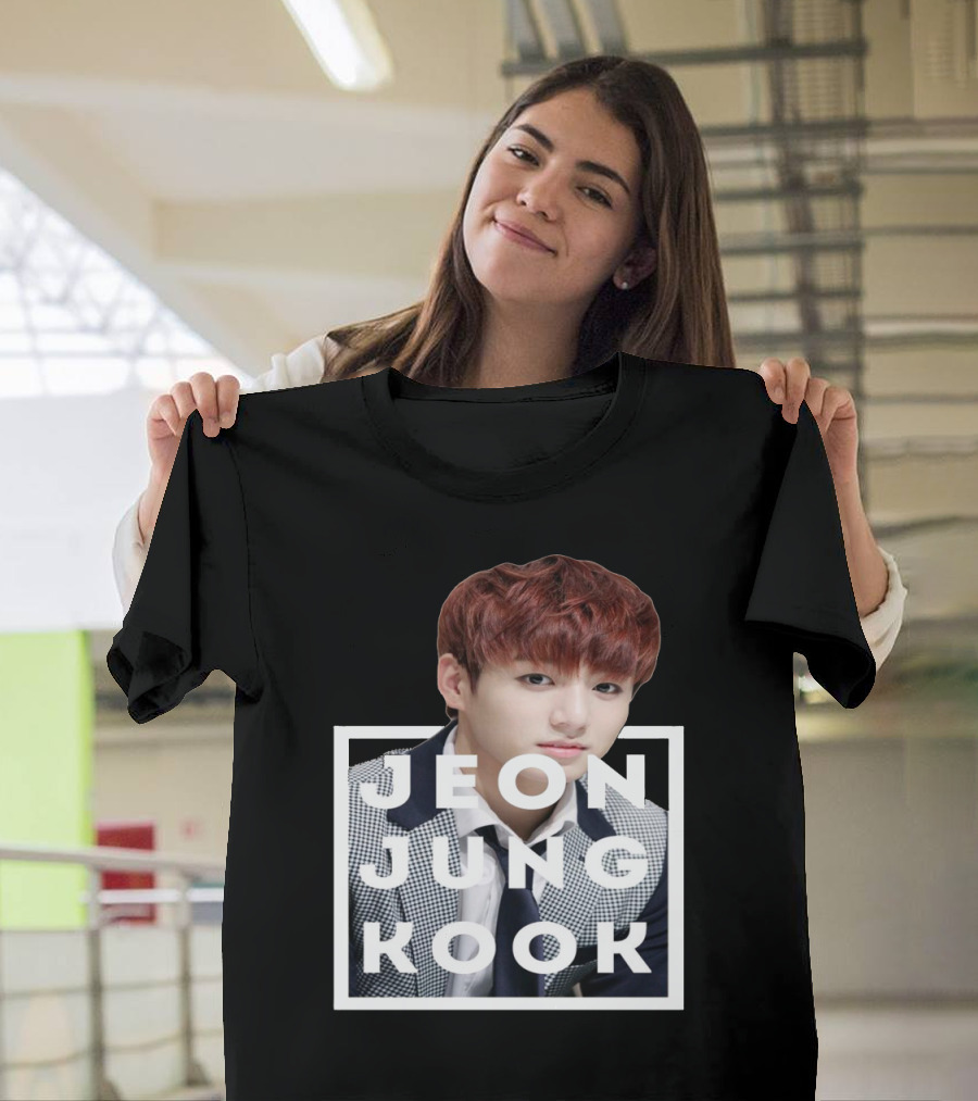 BTS Jeon Jung Kook Portrait Photo in White Text Box T-Shirt