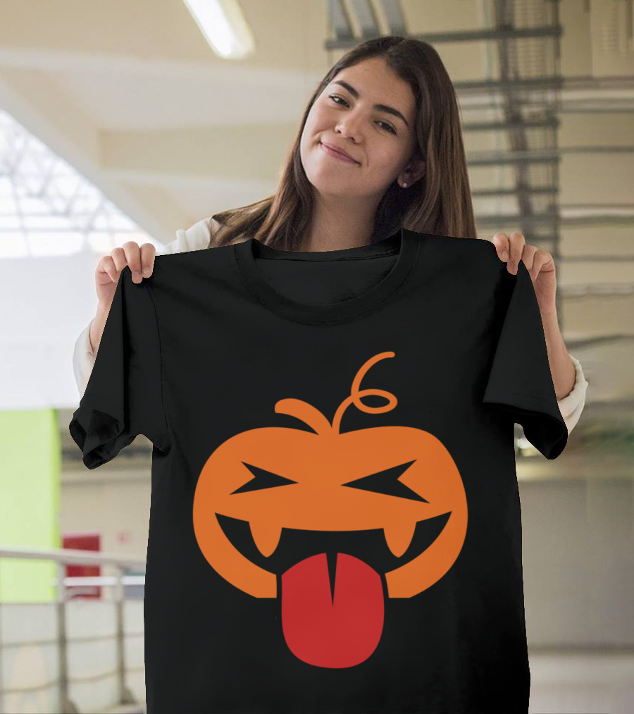 Halloween Crazy Tongue Lickin Pumpkin Face with Bold Expression T-Shirt