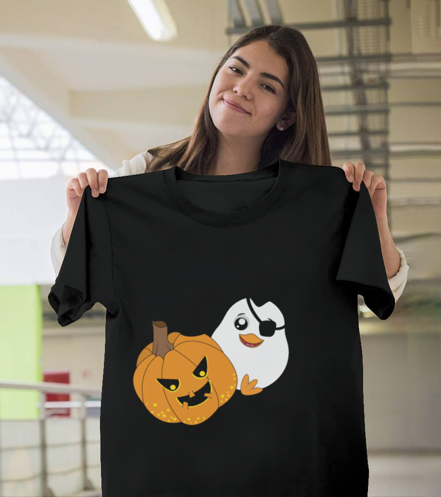 Penguin Pirate and Halloween Pumpkin Cartoon T-Shirt