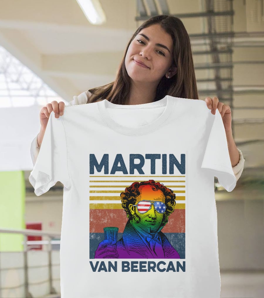 Martin Van Beercan American Flag Sunglasses Retro Drink Stripe T-Shirt