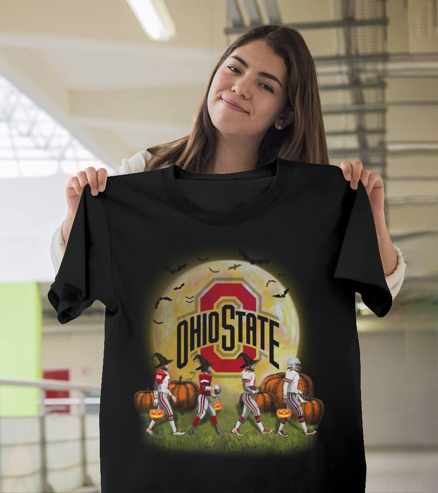 Ohio State Buckeyes Halloween Moon Walk With Pumpkins and Bats T-Shirt