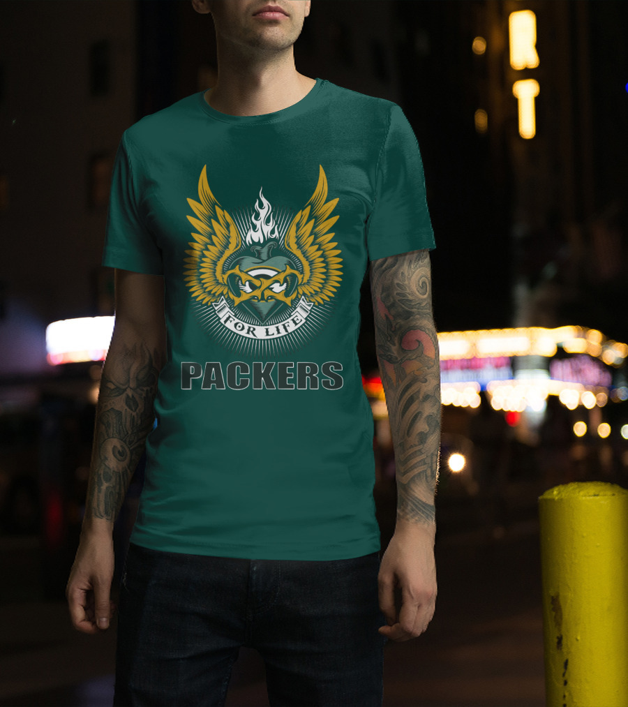 Packers For Life Green Bay Packers Emblem With Wings And Flame T-Shirt