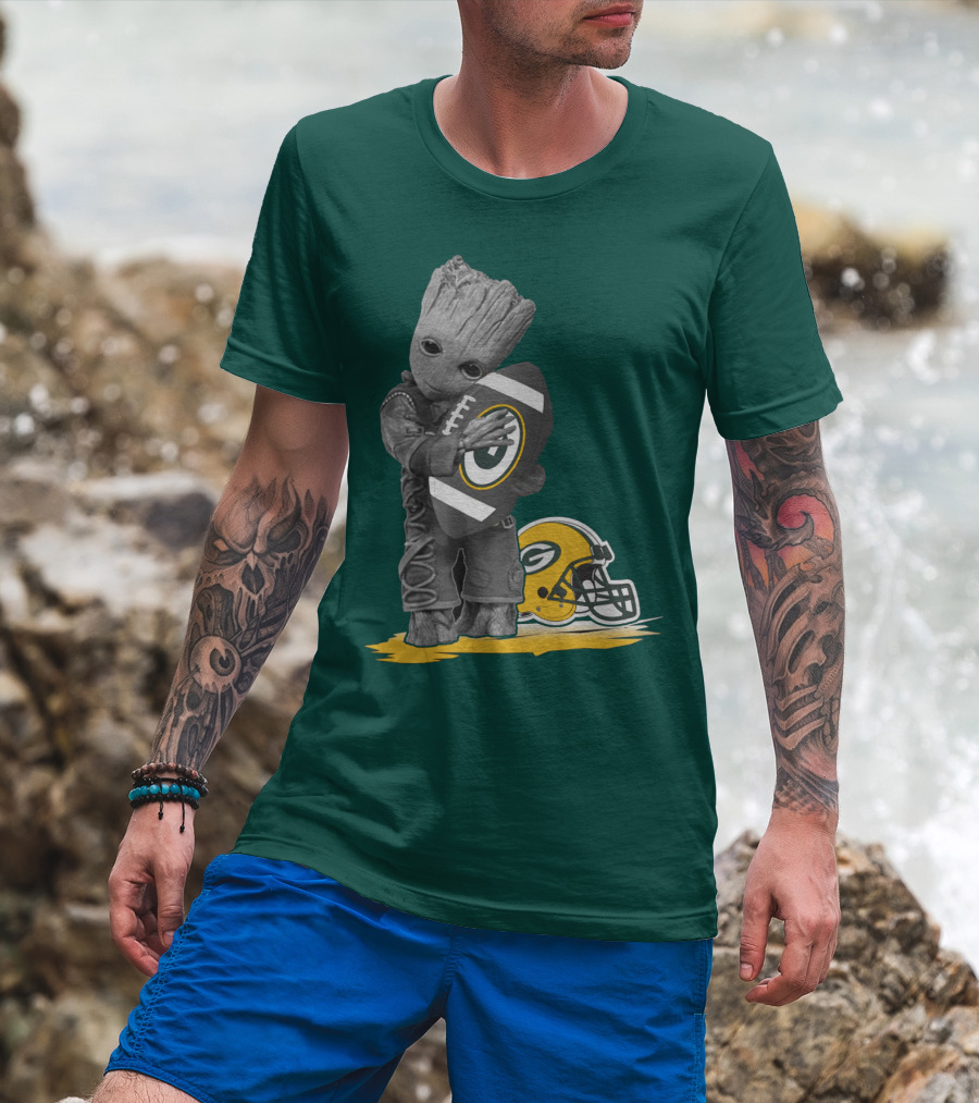 Groot Hugging Green Bay Packers Football With Helmet T-Shirt