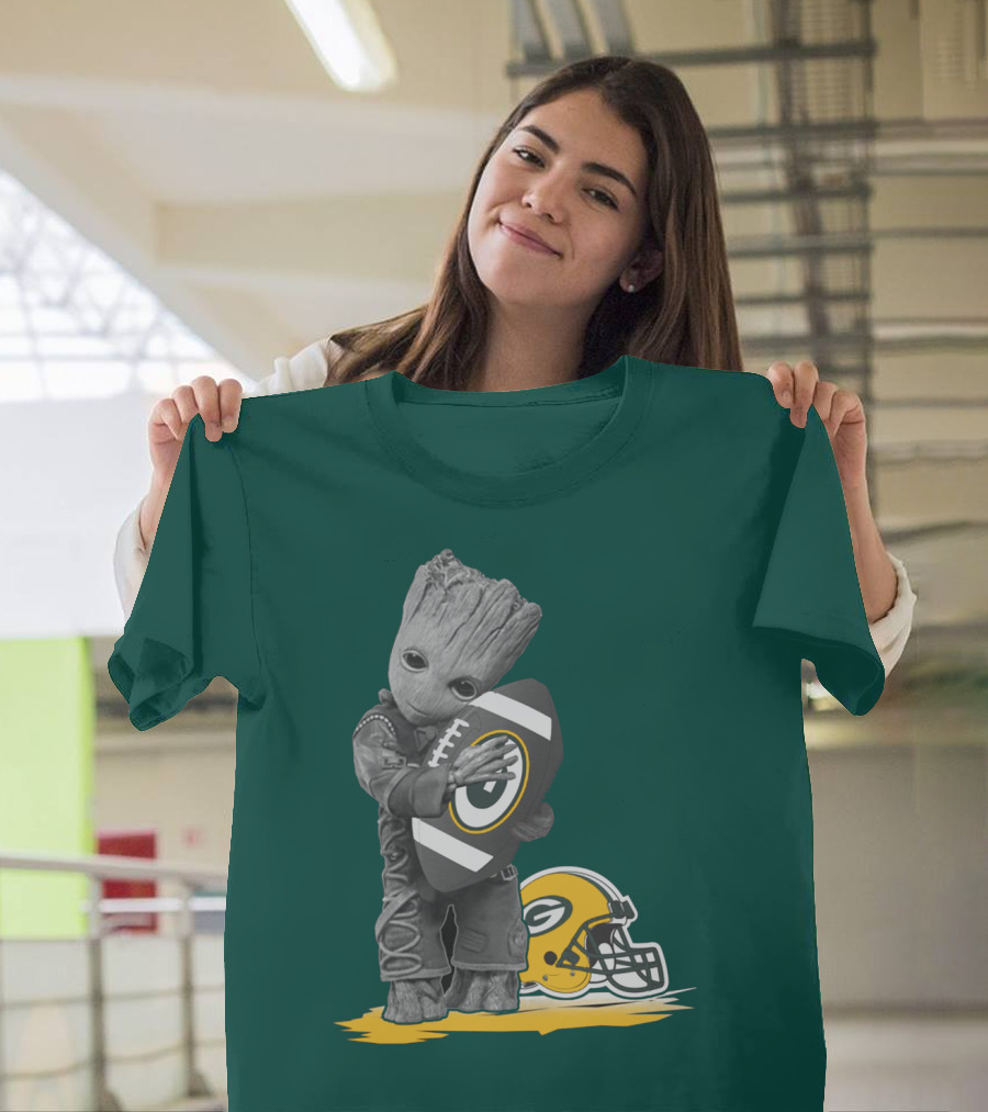 Groot Hugging Green Bay Packers Football With Helmet T-Shirt