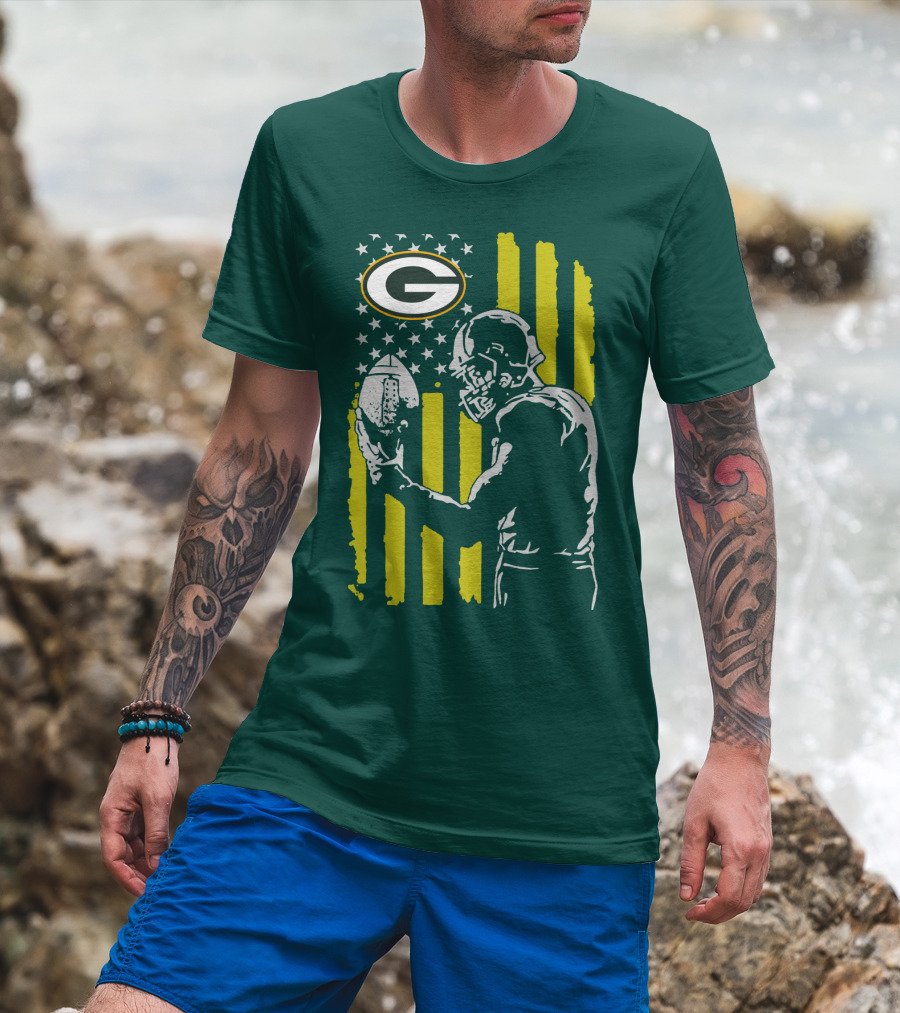 Green Bay Packers Logo And Football Player With American Flag T-Shirt