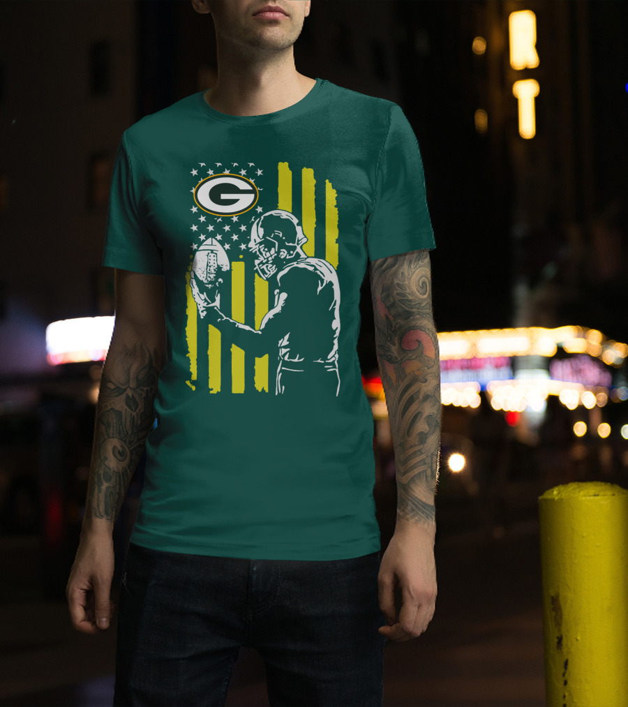 Green Bay Packers Logo And Football Player With American Flag T-Shirt