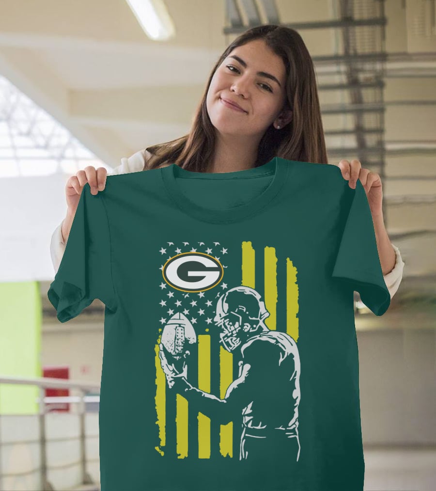 Green Bay Packers Logo And Football Player With American Flag T-Shirt