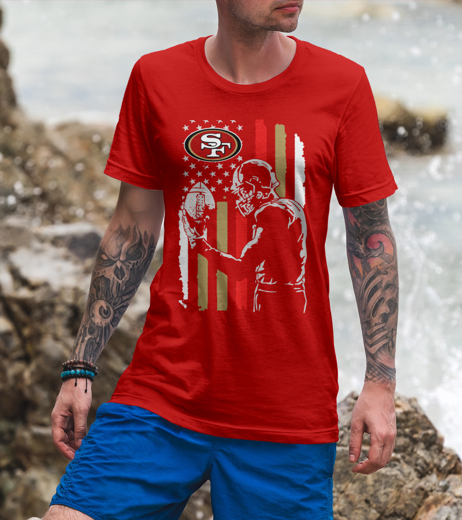 San Francisco 49ers Football Player With Logo And American Flag T-Shirt