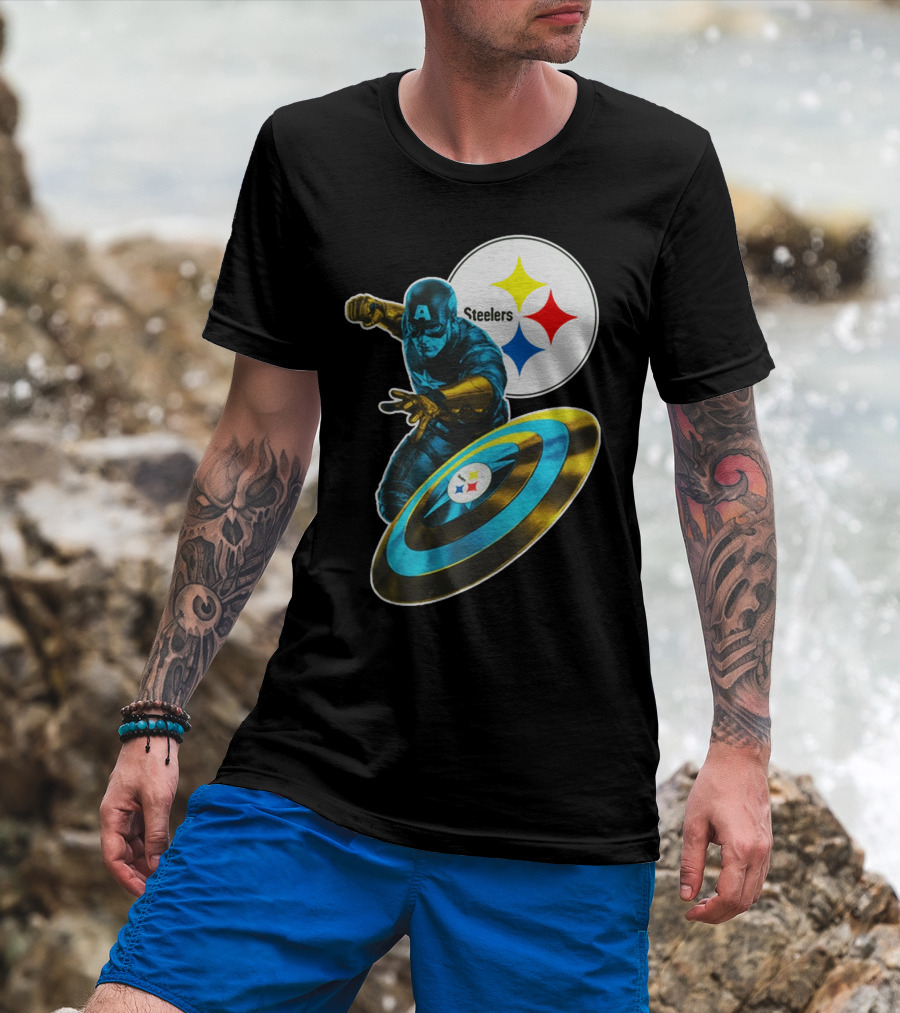 Pittsburgh Steelers Captain America Shield And Logo Crossover T-Shirt