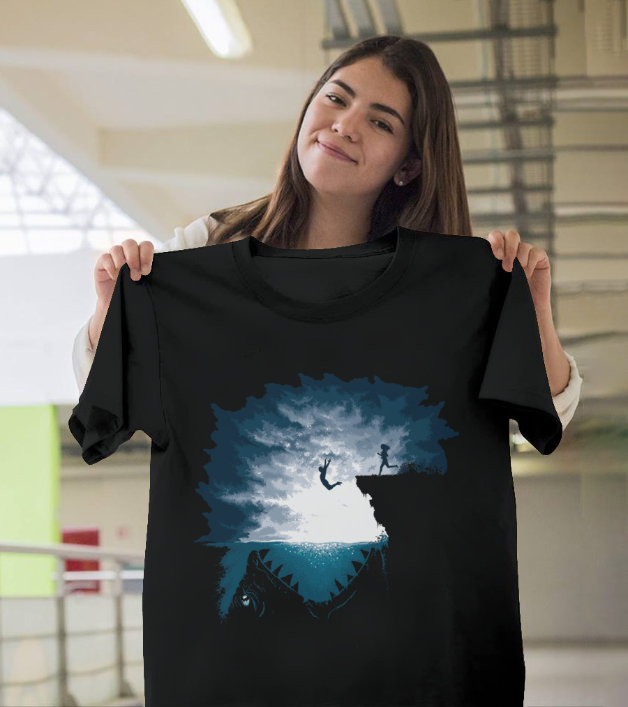 Lazy Fish Cliff Dive Silhouette Shark Ambush Scene T-Shirt