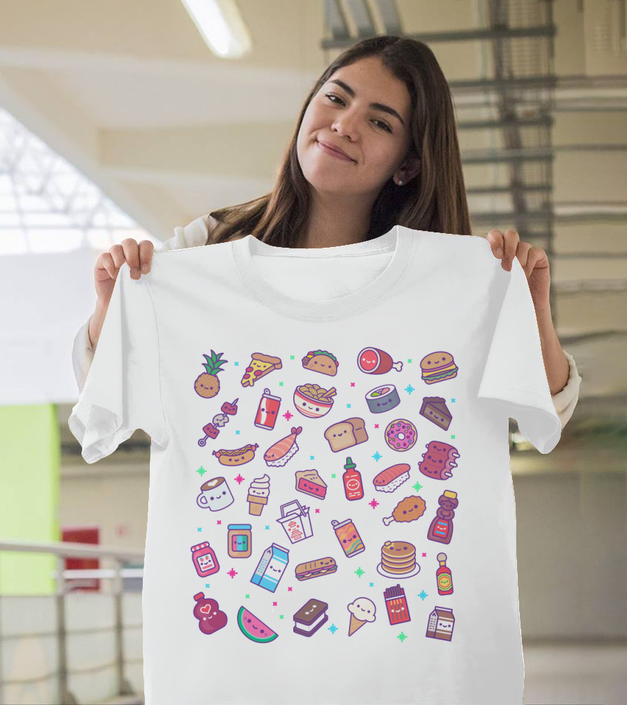Kawaii Food Party Cute Icons Featuring Sushi Pizza Soda Ice Cream Milk Pancakes Sriracha Hot Dog Watermelon Pineapple T-Shirt
