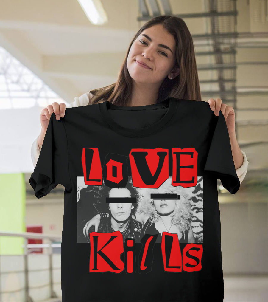 Love Kills Punk Rock Iconic Black and Red Aesthetic with Censored Faces T-Shirt