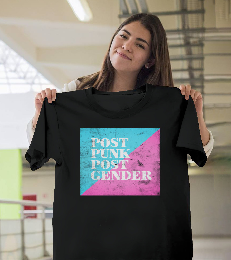 Post Punk Post Gender Distressed Blue and Pink Diagonal Block T-Shirt