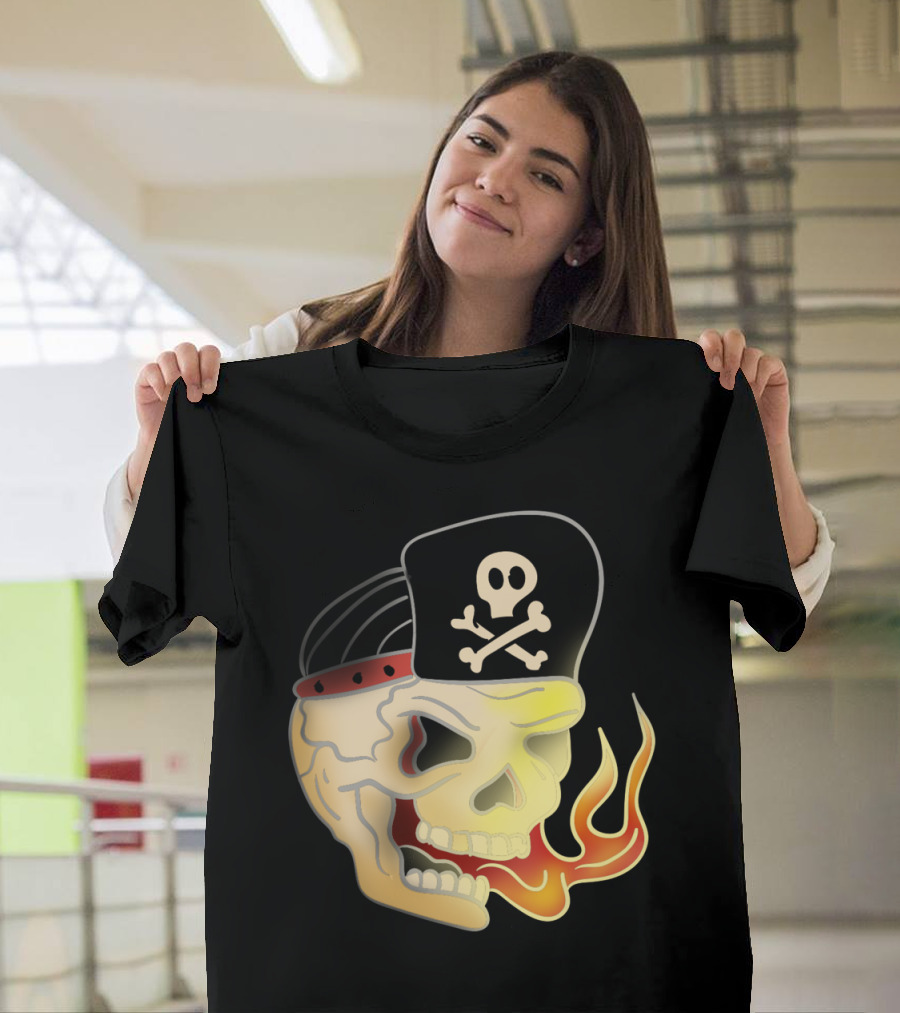 Skull Skate Punk Flaming Pirate Skull with Crossbones Hat T-Shirt