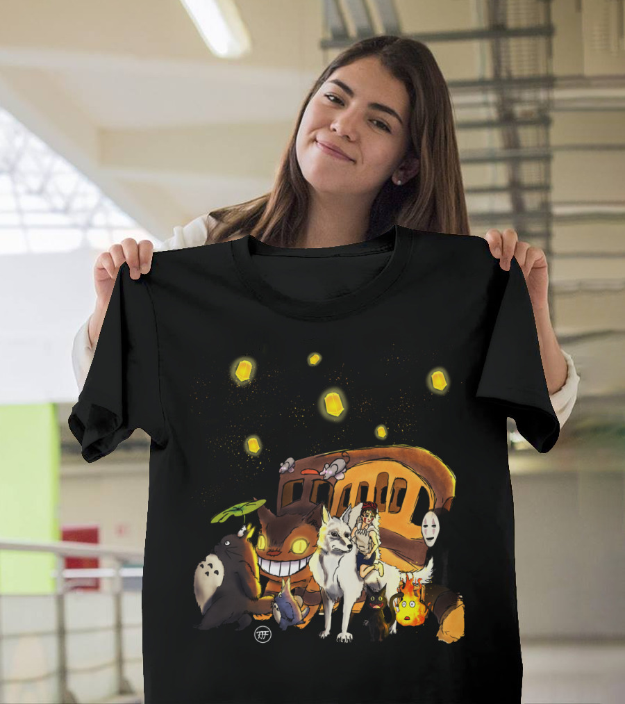 Studio Ghibli Characters Catbus Totoro Mononoke No-Face Kiki Jiji Calcifer Forest Spirits Lanterns T-Shirt