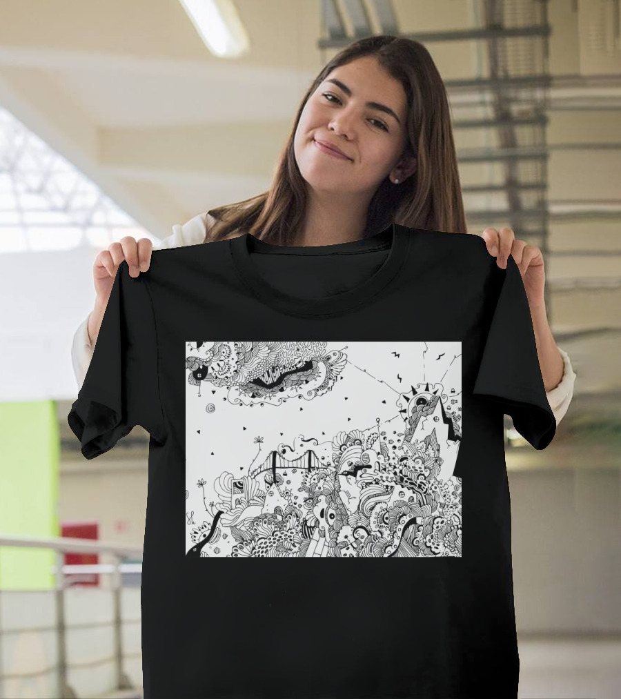 City of Serendipity Surreal Doodle with Bridge and Abstract T-Shirt