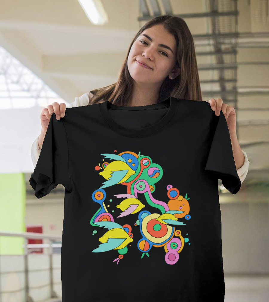 Lemon Soda Vibrant Abstract Colorful Birds and Circular T-Shirt