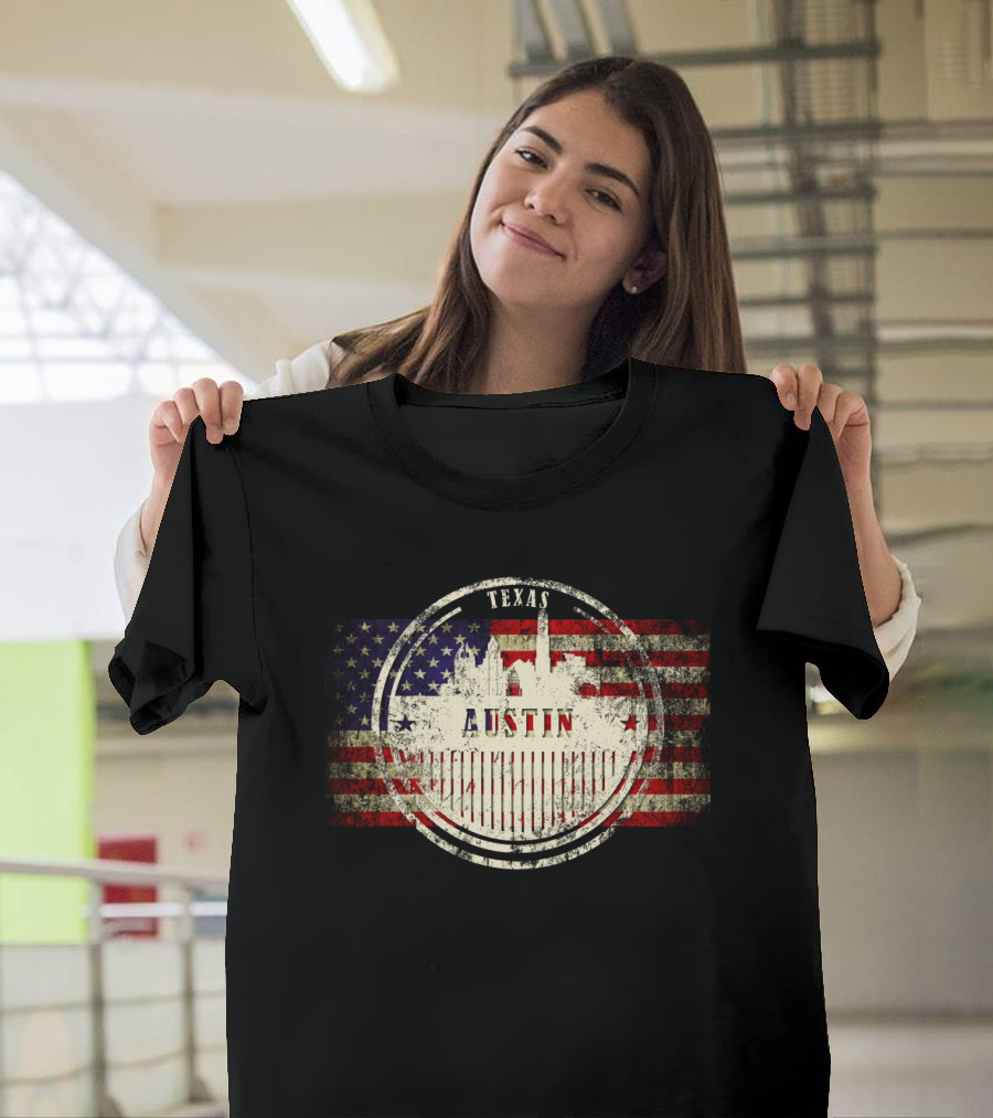 Austin Texas Skyline Grunge with USA Flag Background T-Shirt