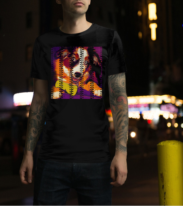 Australian Shepherd Aussie Dog Puppy Late Sunset Vector Art With Playful Pose And Vibrant Colors T-Shirt