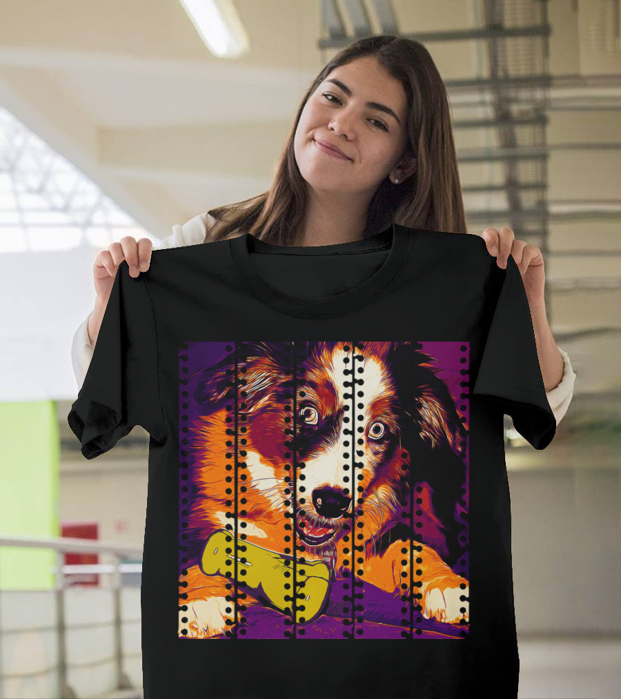 Australian Shepherd Aussie Dog Puppy Late Sunset Vector Art with Playful Pose and Vibrant Colors T-Shirt