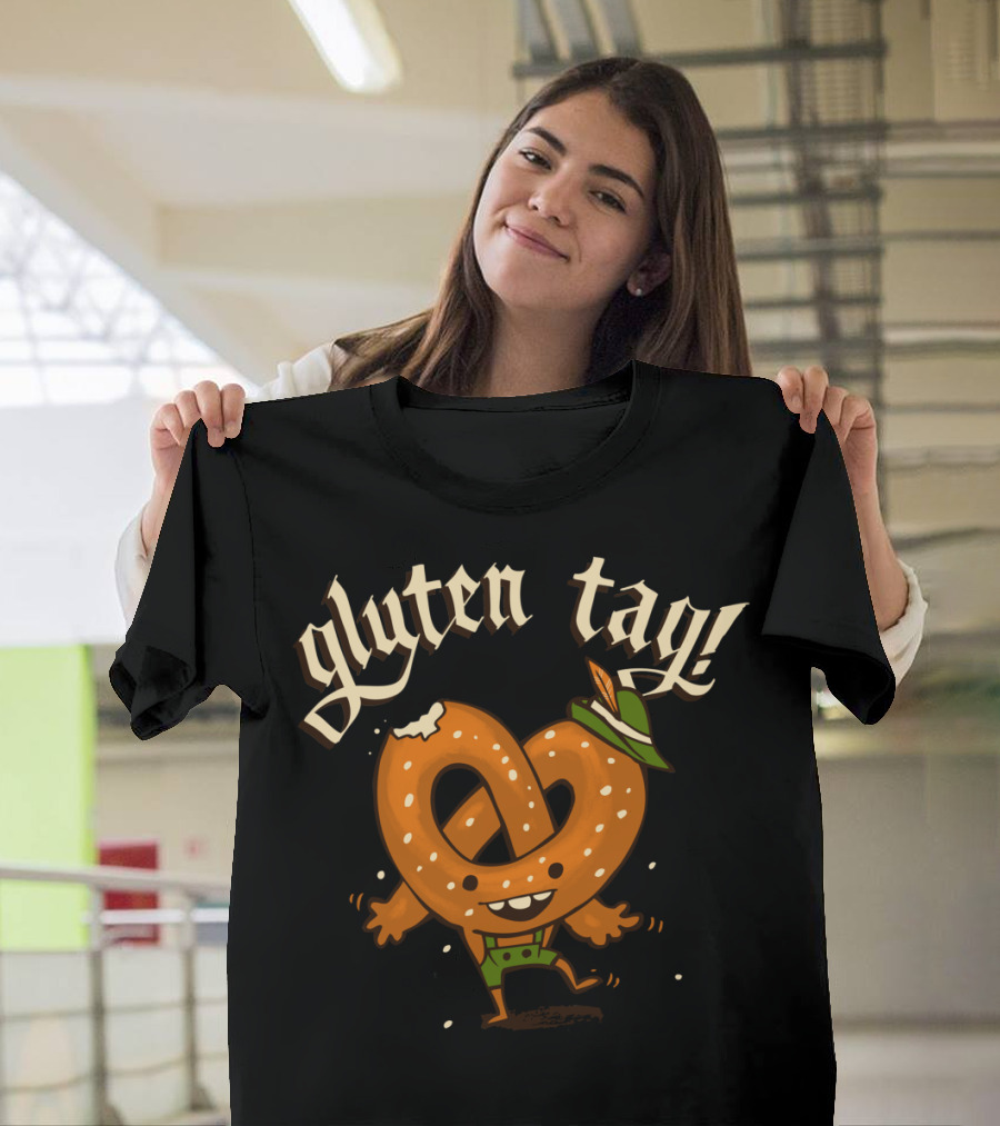 Oktoberfest Inspired Phrase Gluten Tag with Dancing Pretzel in Bavarian Outfit and Hat T-Shirt