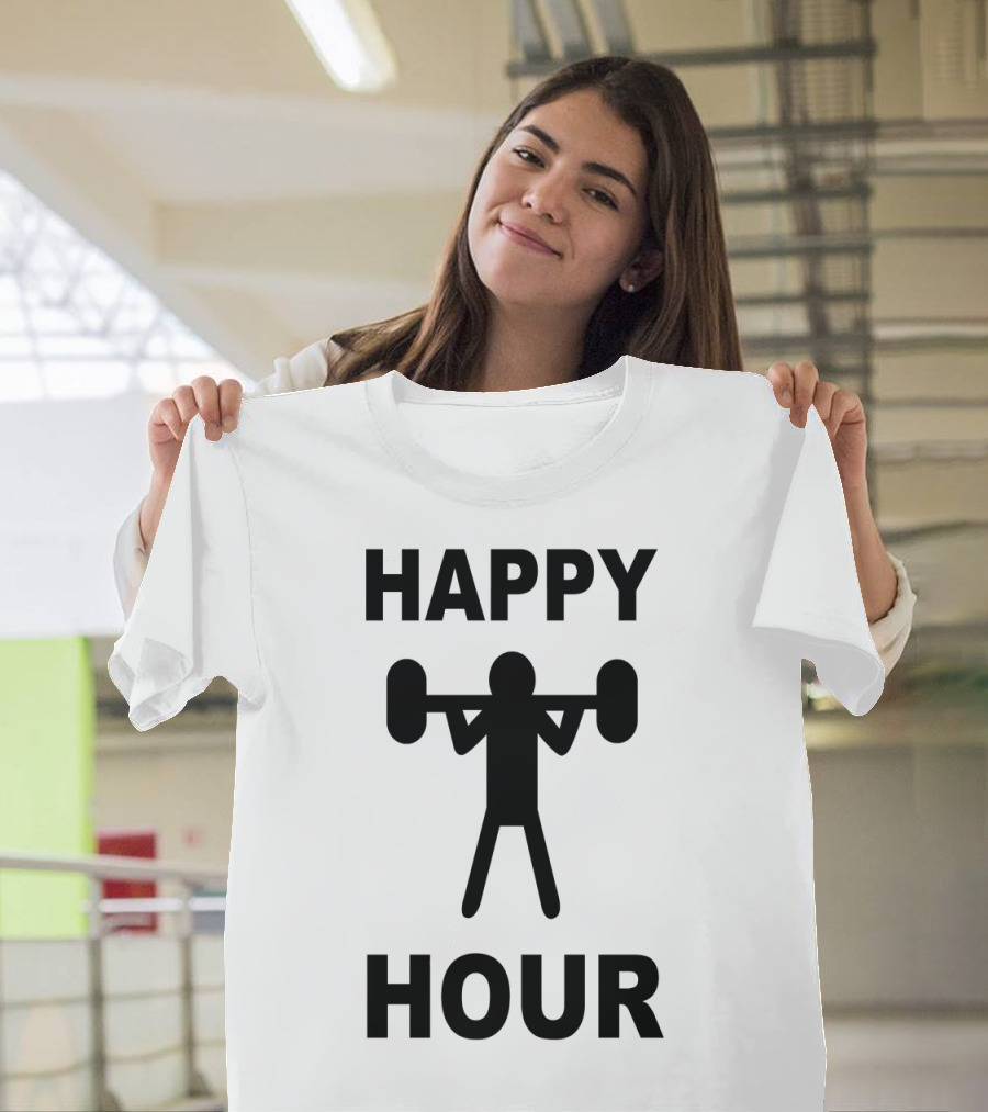 Happy Hour Weightlifting Stick Figure Silhouette Fitness T-Shirt