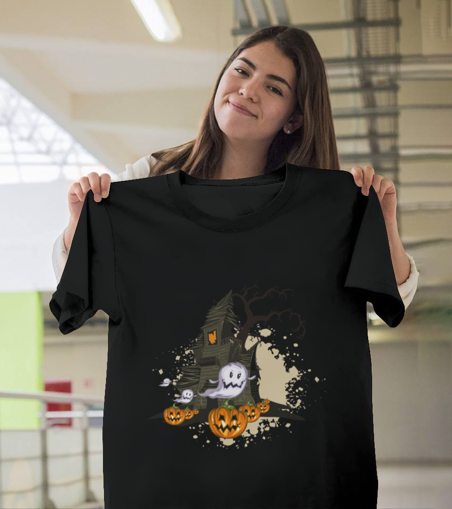 Haunted Ghost House with Pumpkins and Spooky Tree T-Shirt