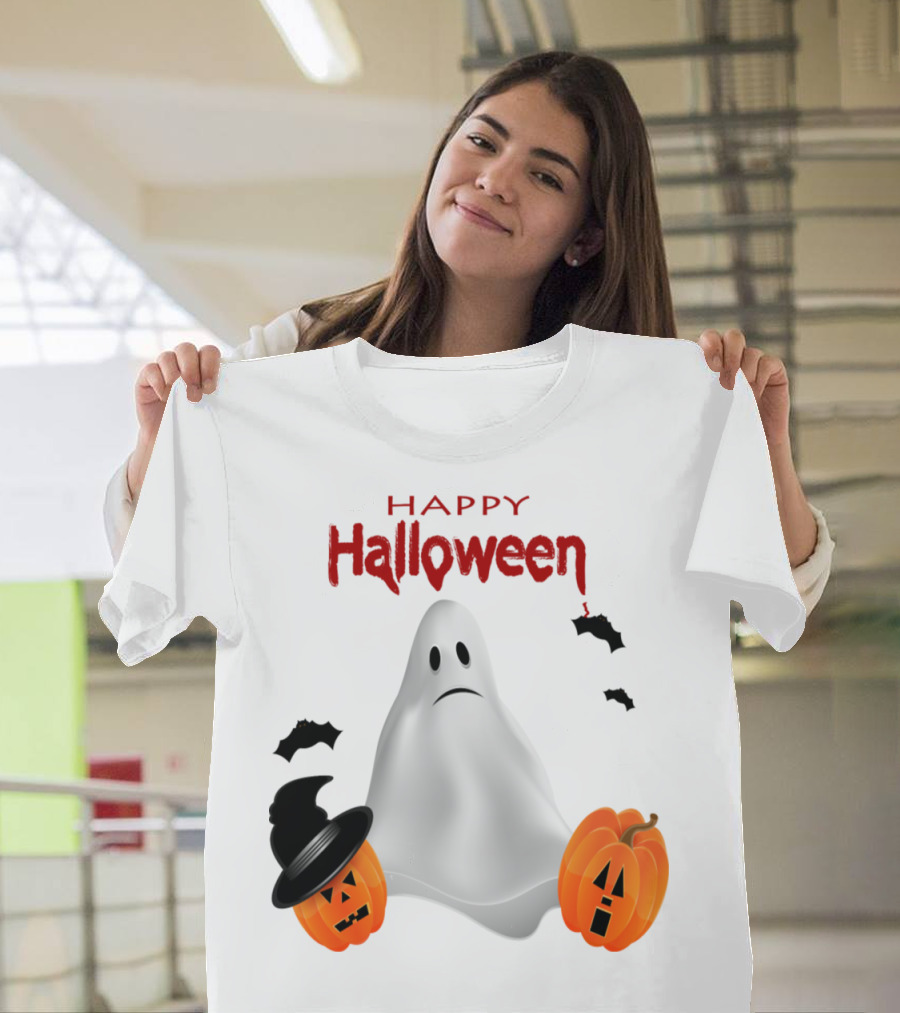 Happy Halloween Ghost with Pumpkin Faces and Bats T-Shirt