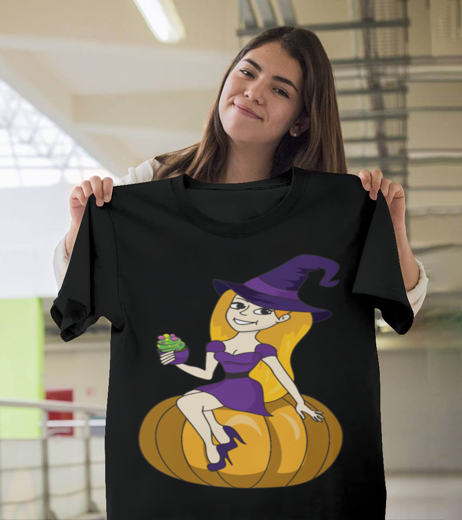 Witch on Pumpkin with Cupcake Halloween Scene T-Shirt