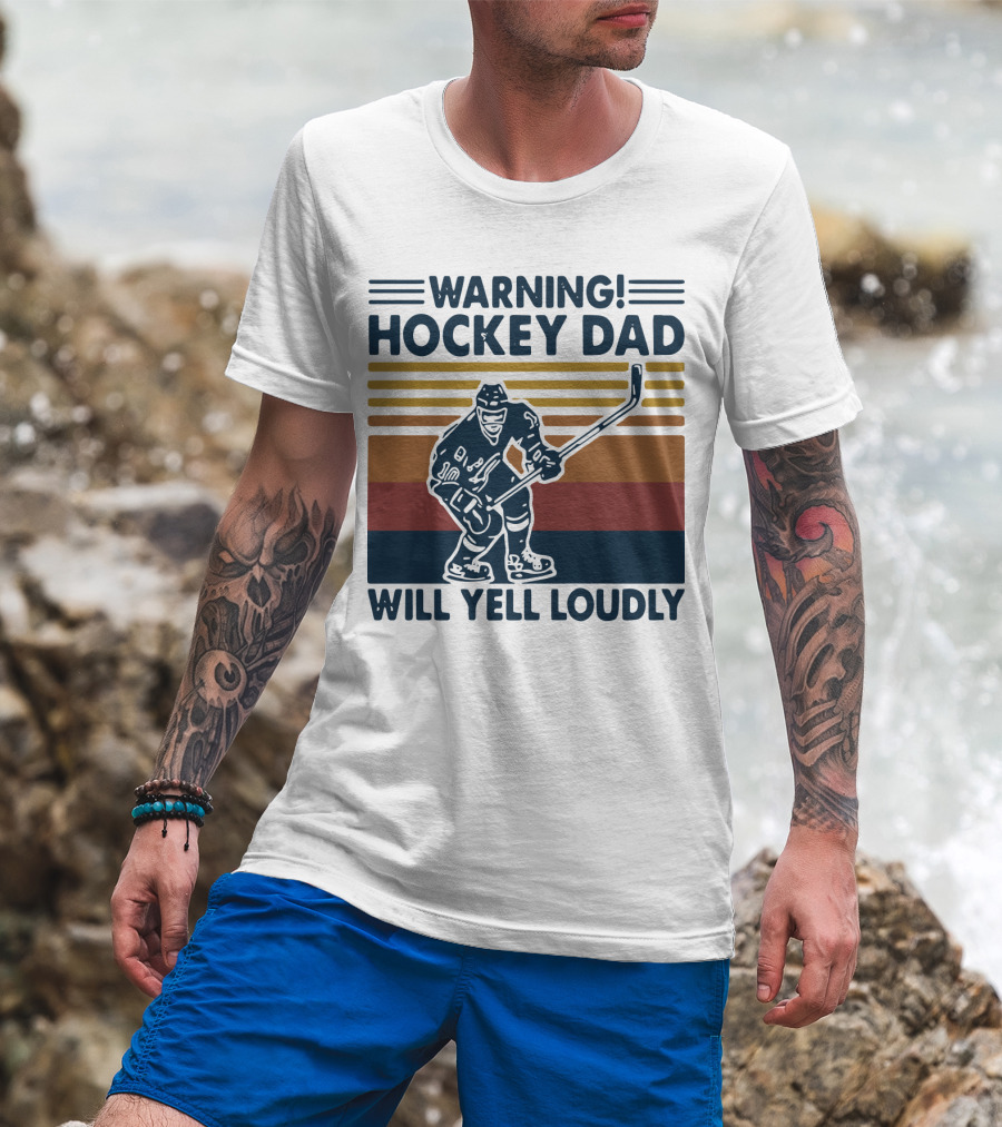 WARNING HOCKEY DAD WILL YELL LOUDLY Vintage Striped Hockey Player T-Shirt