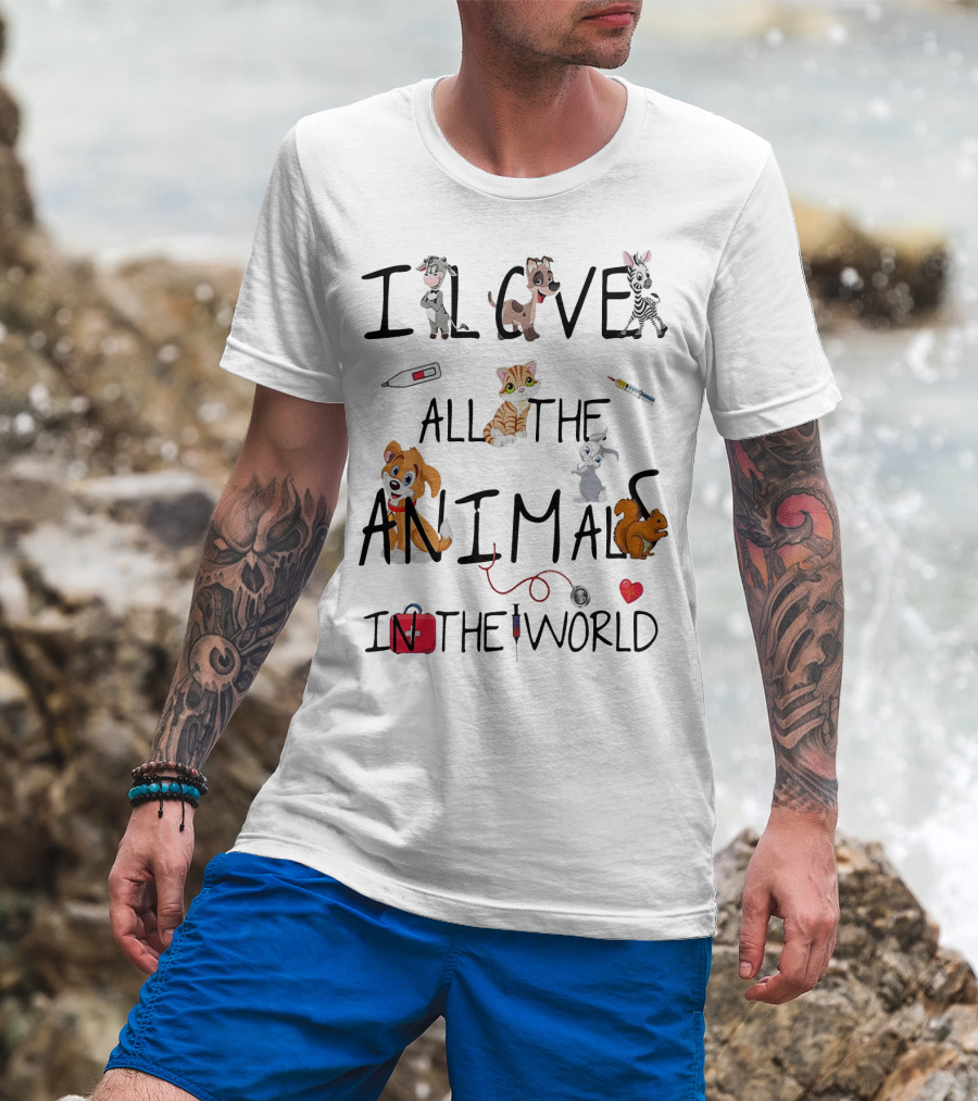 I Love All The Animals In The World Vet Theme With Cute Cartoon Animals And Medical Tools T-Shirt