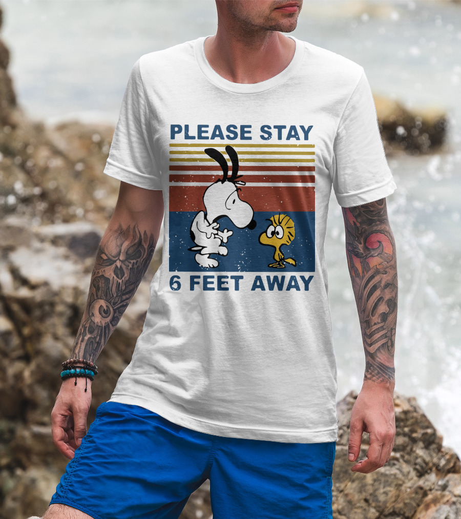 Vintage Please Stay 6 Feet Away Snoopy Woodstock Retro Stripes T-Shirt