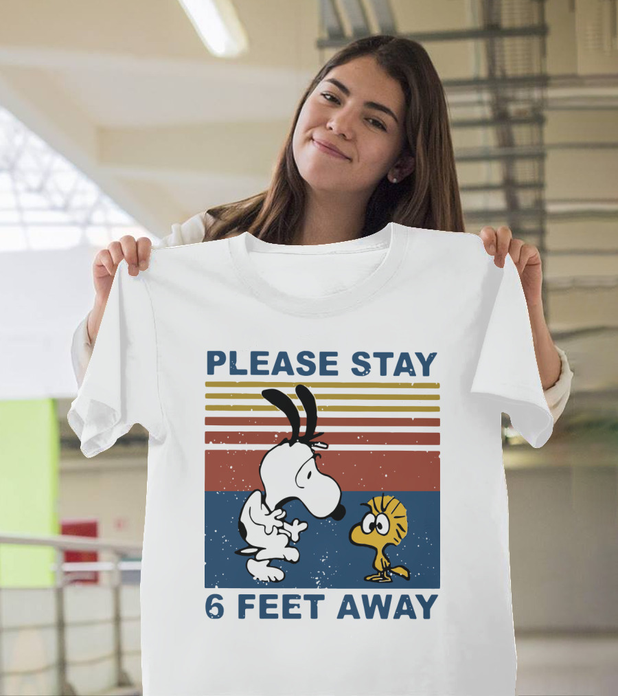Vintage Please Stay 6 Feet Away Snoopy Woodstock Retro Stripes T-Shirt