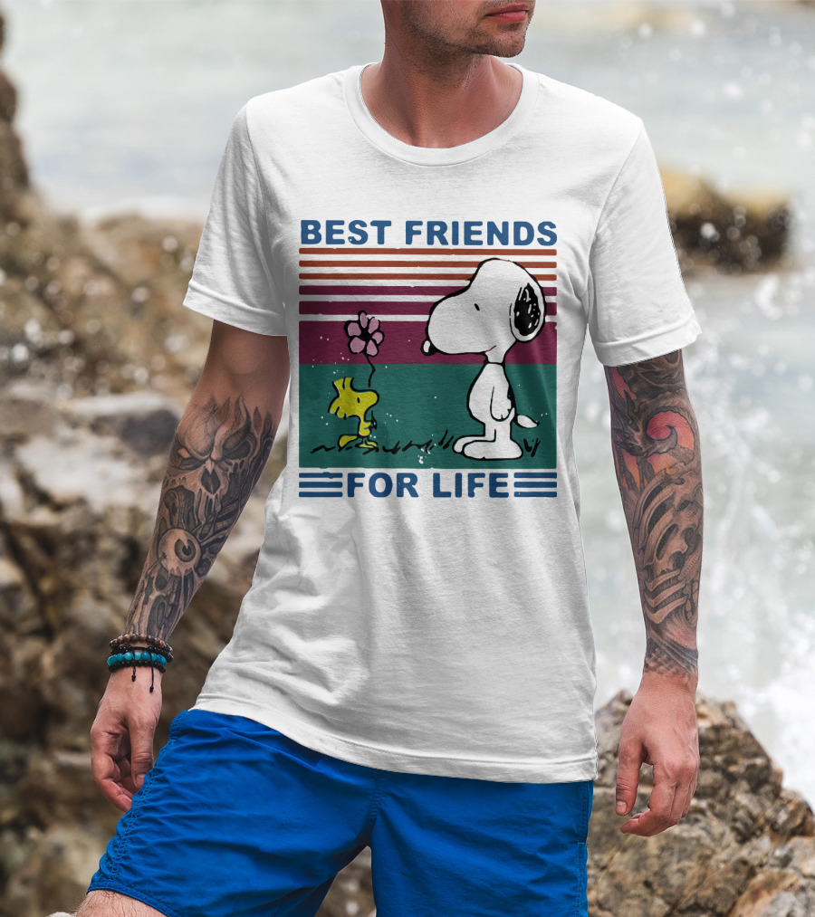 Best Friends For Life Snoopy Woodstock Vintage Retro Stripes T-Shirt