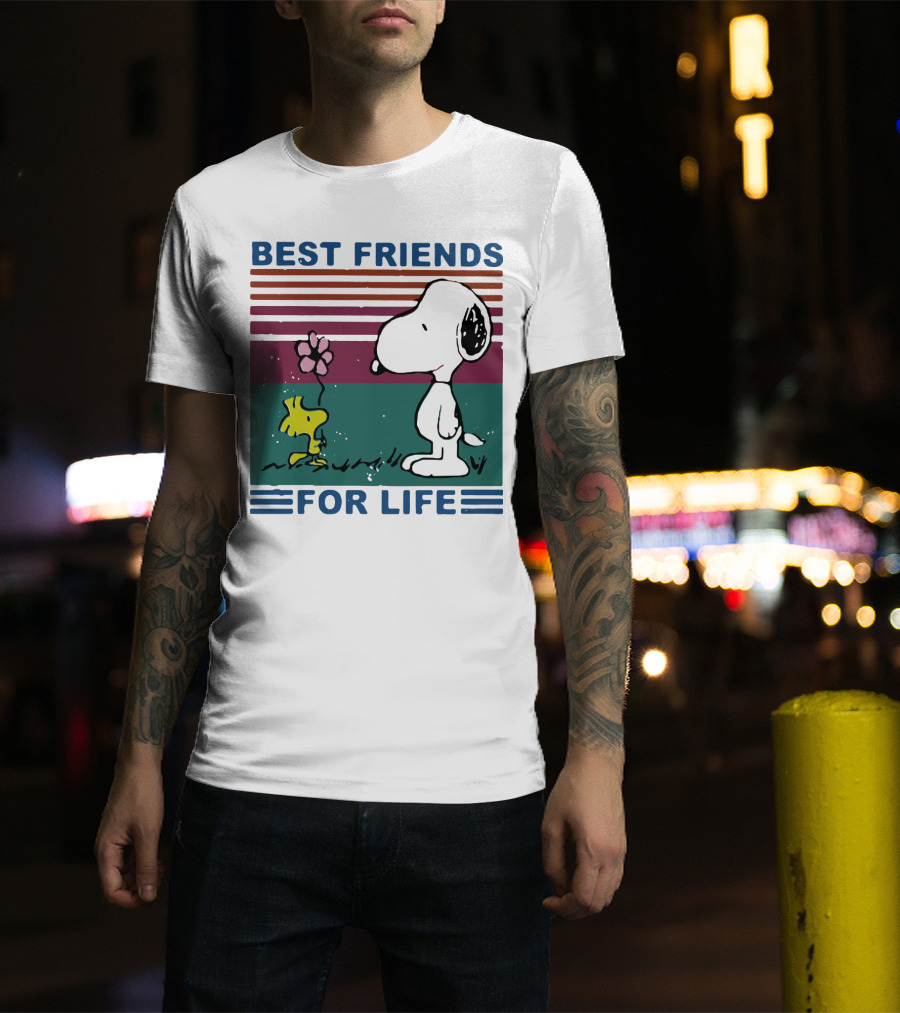 Best Friends For Life Snoopy Woodstock Vintage Retro Stripes T-Shirt