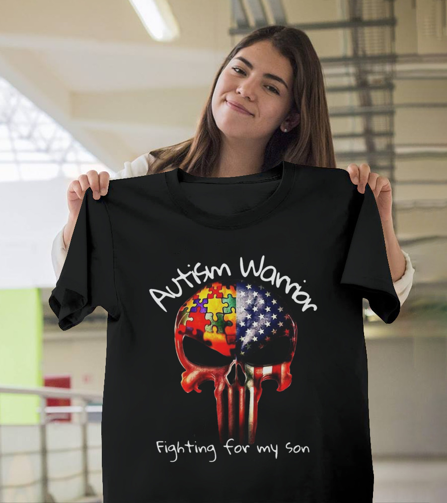 Autism Warrior Skull American Flag Puzzle Fighting For My Son T-Shirt